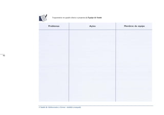 A Saúde de Adolescentes e Jovens - módulo avançado
0096 Esquematize no quadro abaixo a proposta da Equipe de Saúde
_____
96
 