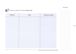 A Saúde de Adolescentes e Jovens - módulo avançado
Esquematize no quadro abaixo a proposta da Equipe de Saúde
_____
105
 