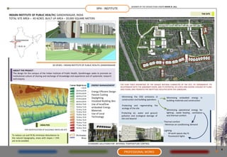 MEMBER OF THE DESIGN TEAM UNDER ASHOK B. LALL
                                                                                       IIPH - INSTITUTE
                                                                                                                                                                                                 THE SITE
INDIAN INSTITUTE OF PUBLIC HEALTH| GANDHINAGAR, INDIA
TOTAL SITE AREA – 49 ACRES. BUILT UP AREA – 20,000 SQUARE METERS




     GANDHINAGAR


       INDIA




                                           3D VIEWS – INDIAN INSTITUTE OF PUBLIC HEALTH, GANDHINAGAR

   ABOUT THE PROJECT :
   The design for the campus of the Indian Institute of Public Health, Gandhinagar seeks to promote an
   institutional culture of sharing and exchange of knowledge and experience and of systematic research
   and enquiry.

                                                                                  ENERGY MANAGEMENT         THE PLAN TAKES ADVANTAGE OF THE UNIQUE NATURAL CHARACTER OF THE SITE, ITS TOPOGRAPHY, ITS
                                                                                                            RELATIONSHIP WITH THE SABARMATI RIVER, AND ITS POTENTIAL OF A RICH AND DIVERSE ECOLOGY OF FLORA
                                                                                                            AND FAUNA, AND ITEGRATES THE INSTITTUES FACILITIES WITH THE LANDSCAPE.
                                                                              -   Energy Efficient Design
                                                                              -   Passive Cooling
                                                                                                             Minimizing the CO2 emissions in                Minimizing embodied energy in
                                                                              -   Daylighting
                                                                                                             construction and building operation.           building materials and construction
                                                                              -   Insulated Building Skin
                                                                              -   Use of local/low           Protecting and regenerating       the
                                                                                  embodied Energy            ecology of the site
                                                                                  Materials                                                                 Minimizing operational energy for
                                                                              -   Use of Local               Protecting air, water and ground               lighting , water heating , ventilation
                                                                                                             pollution and ecological damage of             and thermal comfort.
                                                                                  Technology
                                                                                                             site and beyond
                                                                                                                                                         Thermal comfort
                              ANALYSIS                                                                                                                   - Minimize air conditioning demand

              FOR IDENTIFICATION OF BUILDABLE AREAS ON SITE                                                                                              Lighting
                                                                                                                                                         - All work spaces day lit.
  To reduce cut and fill & minimeze disturbance to                                                                                                       - Fluorescent lights
  the natural topography, areas with slopes > 15%
  are to be avoided.
                                                                               ECONOMIC SOLUTIONS FOR INTERNAL TEMPERATURE CONTROL

                                                                                                                                                                                                              8
                                                                                                               PROFESSIONAL WORKS
 