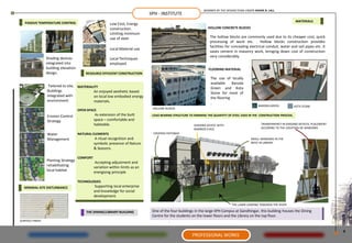 MEMBER OF THE DESIGN TEAM UNDER ASHOK B. LALL
                                                                                IIPH - INSTITUTE
   PASSIVE TEMPERATURE CONTROL                                                                                                                                                 MATERIALS
                                                          Low Cost, Energy
                                                          construction.                                             HOLLOW CONCRETE BLOCKS
                                                          Limiting minimum
                                                          use of steel                                               The hollow blocks are commonly used due to its cheaper cost, quick
                                                                                                                     processing of work etc. . Hollow blocks construction provides
                                                                                                                     facilities for concealing electrical conduit, water and soil pipes etc. It
                                                          Local Material use
                                                                                                                     saves cement in masonry work, bringing down cost of construction
                 Shading devices                                                                                     very considerably.
                                                          Local Techniques
                 integrated into                          employed
                 building elevation
                                                                                                                     .
                                                                                                                     FLOORING MATERIAL
                 design.                  RESOURCE EFFICIENT CONSTRUCTION
                                                                                                                      The use of locally
                                                                                                                      available    Baroda
                  Tailored to site, MATERIALITY
                                                                                                                      Green and Kota
                 Buildings                   An enjoyed aesthetic based                                               Stone for most of
                 integrated with             on local low embodied energy                                             the flooring
                 environment                 materials.                                                               .
                                                                                                                                                    BARODA GREEN              KOTA STONE
                                                                                 HOLLOW BLOCKS
                                      OPEN SPACE
                 Erosion Control                 As extension of the built       LOAD BEARING STRUCTURE TO MINIMISE THE QUANTITY OF STEEL USED IN THE CONSTRUCTION PROCESS.
                 Strategy                       space – comfortable and
                                                habitable.                                                 SHADING DEVICE WITH                        TRANSPARENCY IN SHADING DEVICES. PLACEMENT
                                                                                                           BAMBOO CHICS                               ACCORING TO THE LOCATION OF WINDOWS

                 Water                NATURAL ELEMENTS                            COVERED PATHWAY
                 Management                      A ritual recognition and                                                                       SMALL WINDOWS IN THE
                                                symbolic presence of Nature                                                                     WEST IN LIBRARY
                                                & Seasons.

                                      COMFORT
                 Planting Strategy               Accepting adjustment and
                 rehabilitating                 variation within limits as an
                 local habitat                  energising principle

                                      TECHNOLOGIES
  MINIMAL SITE DISTURBANCE                      Supporting local enterprise
                                                and knowledge for social
                                                development.
                                                .
                                                                                                                                    THE LAWN LOOKING TOWARDS THE RIVER

                                          THE DINING/LIBRARY BUILDING            One of the four buildings in the large IIPH Campus at Gandhingar, this building houses the Dining
                                                                                 Centre for the students on the lower floors and the Library on the top floor.
SURFACE FINISH                                                                             .

                                                                                                                                                                                                   9
                                                                                                          PROFESSIONAL WORKS
 