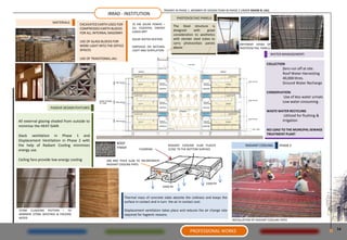 TRAINEE IN PHASE 1. MEMBER OF DESIGN TEAM IN PHASE 2 UNDER ASHOK B. LALL
                                                      IRRAD - INSTITUTION
                                                                                                        PHOTOVOLTAIC PANELS
                    MATERIALS:
                                     EXCAVATED EARTH USED FOR          35 KW SOLAR POWER –
                                                                                                      The Steel structure is
                                     COMPRESSED EARTH BLOCKS           ALL ESSENTIAL ENERGY
                                                                       LOADS MET                      designed     with     great
                                     FOR ALL INTERNAL MASONRY                                         consideration to aesthetics
                                                                       SOLAR WATER HEATERS            with slender steel tubes to
                                     USE OF GLASS BLOCKS FOR                                          carry photovoltaic panels
                                     MORE LIGHT INTO THE OFFICE                                                                                 DIFFERENT VIEWS OF
                                                                       EMPHASIS ON NATURAL            above.                                    PHOTOVOLTAIC PANELS
                                     SPACES                            LIGHT AND VENTILATION
                                                                                                                                                                        WATER MANAGEMENT:
                                     USE OF TRADITIONAL JALI
                                                                                                                                                                   COLLECTION
                                                                                                                                                                              Zero run off at site.
                                                                                                                                                                              Roof Water Harvesting
                                                                                                                                                                              40,000 litres.
                                                                                                                                                                              Ground Water Recharge

                                                                                                                                                                   CONSERVATION
                                                                                                                                                                               Use of less water urinals
                                                                                                                                                                              Low water consuming .
                   PASSIVE DESIGN FEATURES
                                                                                                                                                                   WASTE WATER RECYCLING
                                                                                                                                                                               Utilized for flushing &
All external glazing shaded from outside to                                                                                                                                   irrigation
minimise the HEAT GAIN
                                                                                                                                                                   NO LOAD TO THE MUNCIPAL SEWAGE
Stack ventilation in Phase 1 and                                                                                                                                   TREATMENT PLANT
Displacement Ventilation in Phase 2 with
                                                           ROOF
the help of Radiant Cooling minimizes                                                           RADIANT COOLING SLAB PLACED                         RADIANT COOLING         PHASE 2
                                                           FINISH          FLOORING             CLOSE TO THE BOTTOM SURFACE
energy use.

Ceiling fans provide low energy cooling              200 MM THICK SLAB TO INCORPORATE
                                                     RADIANT COOLING PIPES




                                                                                                                           COOLTH
                                                                                             COOLTH


                                                                  Thermal mass of concrete slabs absorbs the coldness and keeps the
                                                                  surface in contact and in turn the air in contact cool.

STONE CLADDING PATTERN – TO                                       Displacement ventilation takes place and reduces the air change rate
MINIMISE STONE WASTAGE & PACKING                                  required for hygienic reasons.
WODD
                                                                                                                                           INSTALLATION OF RADIANT COOLING PIPES


                                                                                                                                                                                                           14
                                                                                                                PROFESSIONAL WORKS
 