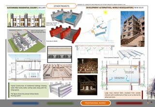 EXPOSED TO CONCEPTS AND PRINCIPLES OF OTHER PROJECTS UNDER AHSOK B. LALL
                                                                           OTHER PROJECTS
SUSTAINABLE RESIDENTIAL COLONY | BELLARY                                                                 DEVELOPMENT ALTERNATIVES, WORLD HEADQUARTERS| NEW DELHI




                                                              Collecting ‘Coolth’ in
                                                              mass of the slab


 PREDOMINANT WIND DIR.           COOLTH RADIATES FROM
                                 TUBES INTO HABITABLE AREAS
         WET PADS




                                                              And also in Walls.




                                                                                                                                   Ferro Cement Channels
                                                                                                                                                                                 THE STRUCTURE




   Typical Construction of residential buildings showing
   water filled cavity walls/ cooling tubes along with the
   living spaces.
                                                                                                                                     Large mass internal fabric insulated from outside
   The figure shows the precast hollow blocks
   flooring system                                                                                                                   interacts with conditioned air flow to act as thermal fly
                                                                                                                                     wheel and store


                                                                                                                                                                                                 15
                                                                                                       PROFESSIONAL WORKS
 