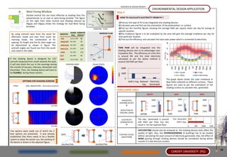 RESEARCH & DESIGN PROJECT
                                                                                                                                                        ENVIRONMENTAL DESIGN APPLICATION
                 West Facing Window                                                                             Step 3
                Slanted vertical fins are more effective at shading than fins
                perpendicular to an east or west-facing window. The figure                                         HOW TO CALCULATE ELECTRICITY FROM PV ?
                on the right from Solar Control and Shading Devices by
                Olgyay and Olgyay shows the strategy for East-West facing                                        1)Find our the type of PV to be integrated into shading devices.
                windows.                                                                                         2) Calculate area and find out the orientation of the photovoltaic i.e. surface.
                                                                                          WINDOW : PLAN          3)Find out the monthly figures showing the average KWh per square meter per day for energy at
                                                                                                                 specific location.
                                                                 SHADE AZIMUTH                    WINDOW PLAN
 By using azimuth west from the south for              MONTHS                                                    4)This irradiance figure is to be multiplied by the area will give the average irradiance per day for
                                                                  REQ. ANGLES °
 afternoon shade and east from south for                                                                         that particular location.
                                                       FEB     12 to 2 PM     40                                 5) Find out the efficiency and calculate the total solar power which is converted to electricity.
 morning shade, the combination of fin
 spacing, fin length and the fin slant angle can       MAR/SEP ALL DAY        76
                                                                                                                                                                                  8
 be determined as shown in figure. The                 APR/AUG ALL DAY        100         June
 azimuth angles are found out from the south           MAY/JUL ALL DAY        114                                THIN FILM will be integrated into the                            6
 and noted in the table .                                                                                        shading devices due to its advantages over
                                                       JUNE      ALL DAY      121




                                                                                                                                                                     kWh/m2/day
                                                                                                                 Crystalline film. The efficiency of a thin film                  4
                                                                 ALL DAY      42    Jan
                                                       OCT                                                       is around 8% and the total electricity
                                                                                                 65°
If the shading device is designed for 121°             NOV       12 to 4 PM   55      Dec                        calculated as per the above method is                            2
azimuth measured from south towards the west,                                                                    around 220 KWh per floor.
it will also block the sun in the evenings during             SHADOW MASK             SOLAR STRESS                                                                                0
the months of January, February, November and




                                                                                                                                                                                        Apr




                                                                                                                                                                                        Aug
                                                                                                                                                                                        Feb
                                                                                                                                                                                        Mar

                                                                                                                                                                                        May




                                                                                                                                                                                        Sep
                                                                                                                                                                                         Jan




                                                                                                                                                                                        Jun
                                                                                                                                                                                          Jul




                                                                                                                                                                                        Nov
                                                                                                                                                                                        Dec
                                                                                                                                                                                        Oct
                                                                                                                       2000
December. Thus, the shading device will have to
be FLEXIBLE during these months.                                                                                       1000                                                                          South              East




                                                                                                                 KWh
                                                                                                                                                                                                     West               Horizontal
                                                                                                                           0                                                      The graph above shows the solar irradiance in
             OPTIONS FOR SHADING SCREENS                                                                                       Delhi's Avg National Electricity                   New Delhi collected on different surfaces. These
                                                                                                                                             Avg    Generated                     figures are used as per the orientation of the
   TYPES        AVG. INSOLATION – ON GLAZED SURFACES
                                                                                                                                                                                  shading screens to calculate elec. generated.
                                                                                                                CONCLUSION TABLE
                                                                                                                                                   SOUTH                                      EAST                      WEST

     1                                                                                                                                                                                            2600
                                                                                                                     SUGGESTED                         3000                                                                 3800
                                                                                                                   SHADING DEVICE
                                           141 KWh                                                                       &                             2500                                       2400                      3000

                                                                                                                    REDUCTION IN                                                                  2200
                                                                                                                                                       2000                                                                 2200
                                                                                                                   COOLING LOADS                                                                                 PLAN
                                                                                                                                           SECTION                                    PLAN

     2                                                                                                                                  The elec. Generated is around                        Elec. Generated
                                                                                                                        ELECTRICITY
                                                                                                                       GENERATED BY     220 KWh per floor but this                               Delhi's Avg.…
                                                                                                                            PV          result is for the topmost floor.
                                           134 KWh                                                                                                                                                           0   500      1000       1500

Five options were made out of which the 2                                                                                                DAYLIGHTING should also be analysed as the shading devices does affect the
best options are presented. It was already                                                                                               quality of light. Also, the OVERSHADOWING of buildings has to be studied
                                                       June                                                       FURTHER STUDY/
established that there needs to be a flexible                                                                       LIMITATIONS
                                                                                                                                         before calculating the exact amount of electricity generated. Also, the effect of
system to allow the winter sun, the working of                                                                                           WIND passing through shading devices should be considered during winter
the device is shown in the adjacent figure.                                                                                              months if it aids thermal comfort.
                                                        Jan/Dec/Feb                         Jan/Dec/Feb

                                                                                                                                                                                                                                            20
                                                                                                                                                                                         CARDIFF UNIVERSITY (PG)
                                                                                                                                                                                         OTHER INTERESTS
 