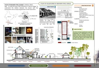 STUDY OF HOUSEFORMS OF BRAHMIN IYERS, KERALA
STUDY OF BRAHMIN IYERS, NURANI | KERALA, INDIA
                                                                                                                                                                                    STRUCTURE OF STUDY
AIM : To study the way of life of Brahmins in Nurani Village. To                              ABOUT NURANI
                                                                                                                                                                   RELATIONSHIPS
understand the relation between the houses with the
                                                                                                                                                                              -Building & context
environment and to study the generators of the house form.                                                                                                                    -Plan and Section
                                                                                                                                                                   GENERIC PATTERNS
                                                                                                                                                                              -Functional Areas
                                                                                                                                                                              -Spatial Organisation
                                                                                                                                                                              -Public, Semi-Public & Private Areas
     INDIA                                                                                                                                                                    -Usage Patterns
                                                                                                                                             FRONT ELEVATION                  -Later additions if any
                                                                            NURANI is one of the 18 villages in                                                    ELEMENTS
                                                                            Palakkad. The village or the                                                                      -Climatic Considerations
                                                                            agraharam has a total of 565 houses                                                               -Circulation
                                                                                                                                                       VILLAGE
                                                                            in all. All the houses in the villages                                     ENTRANCE               -Structure
         NURANI              MAP SHOWING SETTLEMENTS OF
                                BRAHMINS IN PALAKKAD                        are around 300 years old.                                                              ISSUES
                                                                                                                                                                              -Privacy
                                                                                                                                                                              -Security
                                                                                      HOUSE RELATIONSHIPS

                                                                                                                                                                  STREET PATTERN

                                                                                                                                                               The form of these agraharams could be
                                                                                                                                                               understood as a derivative of a grid
                     SOME PECULIAR ELEMENTS                                                                                  SHIVA
                                                                                                                                                   GANESH      pattern, with the temple forming the
                                                                                                                                                   TEMPLE      main focus. There are narrow row houses
                                                                                                                             TEMPLE
                                                                                                                                                               on both the sides of the streets each
                                                                                                                                                               sharing a common wall.


                                                                                                                                      CAR STREET            VILLAGE TEMPLES




      SECRET STORE
                                                              COURTYARD
                                              PASSAGE         FOR LIGHT &
   RESTING SPACE
                                                              VENTILATION


     ENTRANCE                                                                                      SACRED SPACE             STORAGE YARD
                                                                                 KITCHEN




      STREET       THINNAI   NADAI    STAIRCASE     MITTHAM         SERVICES
                                                                                     PROFESSIONAL WORKS
                                                                                       TULSI MARAM                   WELL              RENDAM KETTU               BACKYARD                          SERVICE


                                                                                                                                                                                                                     4
                                                        UNDERGRADUATE THESIS
 