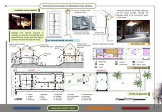 STUDY OF HOUSEFORMS OF BRAHMIN IYERS, KERALA
       SPACES AND SPATIAL ELEMENTS                                                         SPECIAL LOCKING SYSTEM                                   Partitions placed at an inclined angle cuts
                                                                                           NO METAL IS USED                                         off the harsh sunlight entering the
                                                                                                                                                    Koodam which is the main sacred space
                                                                                                                                                    in the house.




                                                                                         The Puja space resembles
   Although the internal structure is                                                    the entrance to the temple.
                                                                                                                            SACRED SPACE
   complex, the external load bearing walls
   respond to the context and they share a
   common wall with the adjacent house.                 THE ENTRANCE DOOR & PUJA SPACE

SLOPING ROOFS RESPOND                                                                         STORAGE SPACE             SECTION THROUGH THE COURT                       THE CENTRAL COURT
                                             TIMBER LOAD
TO CLIMATE                                                                                    (PRTOECTION AGAINST
                                             BEARING STRUCTURE     WINDOW CUM                 MOSITURE)
                                                                   BED


                                                  INTERACTIVE                    ROOM
                      ROOM                        SPACE



                                                                                                                                TRANSITION             SECURITY                PUJA SPACE
                                                                                                                                 PASSAGE               LIVING SPACE            SERVICE AREAS
                                                                                                                                 COURT
                                                                                                                                                                           FUNCTIONAL AREAS
                            FIRST PART                                                                                        SECOND PART



                                                                                                                                                                                19
                  4          5           9         10                   12                          15
                                                                                   14                                               17
          2                                                                                                   16
                             6                                                                                                                             18
                                                   11

   1                                 8                                  13
              3       7
                                                                                                                                                                                      20

                          1. VASHAL          5. NILAVARA         9. PUJA SPACE   13. SERVICE             17. RENDAM KETTU                                             A TYPICAL VILLAGE HOUSE
                          2. THINNAI         6. ARAI             10. KOODAM      14. TULASI MARAM        18. BACKYARD
                          3. PADDI           7. NADAI            11. MITTHAM     15. SERVICE             19. DRY LATRINE
       LEGEND             4. PATHAYAM        8. STAIRCASE        12. ADUKULAI    16. WELL                20. SERVICE LANE



                                                                                                                                                                                                  5
                                                            UNDERGRADUATE THESIS
 