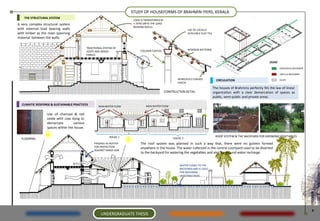 STUDY OF HOUSEFORMS OF BRAHMIN IYERS, KERALA
    THE STRUCTURAL SYSTEM
                                                                        LOAD IS TRANSFERRED IN
A very complex structural system                                        5 TIERS ONTO THE LOAD
                                                                        BEARING WALLS
with external load bearing walls                                                                                USE OF LOCALLY
with timber as the main spanning                                                                                AVAILABLE CLAY TILE
material between the walls.

                                             TRADITIONAL SYSTEM OF
                                                                             COLUMN CAPITAL                     WOODEN BATTERNS
                                             JOISTS AND WOOD
                                             PANELS




                                                                                                         INTRICATELY CARVED             CIRCULATION
                                                                                                         FASCIA
                                                                                                                                      The houses of Brahmins perfectly fits the law of linear
                                                                                                 CONSTRUCTION DETAIL                  organization with a clear demarcation of spaces as
                                                                                                                                      public, semi-public and private areas.

  CLIMATIC RESPONSE & SUSTAINABLE PRACTICES                                      RAIN WATER FLOW
                                                     RAIN WATER FLOW

                  Use of charcoal & red
                  oxide with cow dung to
                  demarcate        various
                  spaces within the house.

                                                             HOUSE 1                                                                   ROOF SYSTEM & THE BACKYARD FOR GROWING VEGETABLES
  FLOORING                                                                                            HOUSE 2
                                                  PASSAGE AS BUFFER          The roof system was planned in such a way that, there were no gutters formed
                                                  FOR PROTECTION             anywhere in the house. The water collected in the central courtyard used to be diverted
                                                  AGAINST HARSH SUN
                                                                             to the backyard for watering the vegetables and also for ground water recharge.


                                                                                                          WATER FLOWS TO THE
                                                                                                          BACKYARD AND IS USED
                                                                                                          FOR WATERING
                                                                                                          VEGETABLE BEDS




                                                                                                                                                                                                6
                                                       UNDERGRADUATE THESIS
 