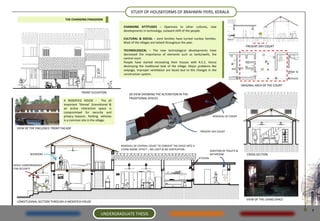 STUDY OF HOUSEFORMS OF BRAHMIN IYERS, KERALA
                               THE CHANGING PARADIGM

                                                                     CHANGING ATTITUDES – Openness to other cultures, new
                                                                     developments in technology, outward shift of the people.

                                                                     CULTURAL & SOCIAL – Joint families have turned nuclear families.
                                                                     Most of the villages are locked throughout the year.
                                                                                                                                                                PRESENT DAY COURT
                                                                     TECHNOLOGICAL – The new technological developments have
                                                                     decreased the importance of elements such as tanks/wells, the
                                                                     central court.
                                                                     People have started renovating their houses with R.C.C. hence
                                                                     destroying the traditional look of the village. Major problems like
                                                                     seepage, improper ventilation are faced due to the changes in the
                                                                     construction system.


                                                                                                                                                             ORIGINAL AREA OF THE COURT

                                           FRONT ELEVATION
                                                                         3D VIEW SHOWING THE ALTERATION IN THE
                                                                         TRADITIONAL SPACES
                              A MODIFIED HOUSE - The all
                              important ‘thinnai’ (transitional &
                              an active interactive space is
                              compromised for security and
                              privacy reasons.. Parking vehicles                                                                       REMOVAL OF COURT
                              is a common site in the village.

  VIEW OF THE ENCLOSED FRONT FACADE
                                                                                                                            PRESENT DAY COURT




                                                                    REMOVAL OF CENTRAL COURT TO CONVERT THE SPACE INTO A
                                                                    LIVING ROOM. EFFECT – NO LIGHT & NO VENTILATION
                                                                                                                                     ADDITION OF TOILETS &
          BEDROOM                                                                                                                    BATHROOM                   CROSS SECTION
                                                                                                                           KITCHEN

SPACE COMPOROMISED
FOR SECURITY




                                                                                                                                                                VIEW OF THE LIVING SPACE
  LONGITUDINAL SECTION THROUGH A MODIFIED HOUSE

                                                                                                                                                                                           7
                                                         UNDERGRADUATE THESIS
 