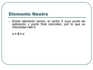 Elemento Neutro
 Existe elemento neutro, el vector 0 cuyo punto de
aplicación y punto final coinciden, por lo que su
intensidad vale 0
v + 0 = v
 