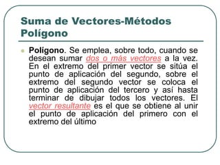 Suma de Vectores-Métodos
Polígono
 Polígono. Se emplea, sobre todo, cuando se
desean sumar dos o más vectores a la vez.
En el extremo del primer vector se sitúa el
punto de aplicación del segundo, sobre el
extremo del segundo vector se coloca el
punto de aplicación del tercero y así hasta
terminar de dibujar todos los vectores. El
vector resultante es el que se obtiene al unir
el punto de aplicación del primero con el
extremo del último
 