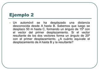 Ejemplo 2
 Un automóvil se ha desplazado una distancia
desconocida desde A hasta B. Sabemos que luego se
desplazo 50 m hasta C, formando un ángulo de 15º con
el vector del primer desplazamiento. Si el vector
resultante de los dos vectores forma un ángulo de 20º
con el primer desplazamiento. ¿A cuánto equivale el
desplazamiento de A hasta B y la resultante?
 