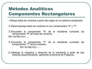 Métodos Analíticos
Componentes Rectangulares
1-Dibuje todos los vectores a partir del origen en un sistema coordenado
2.-Descomponga todos los vectores en sus componentes "X" y "Y".
3.-Encuentre la componente "X" de la resultante sumando los
componentes "X" de todos los vectores.
Rx= Ax+Bx+Cx+.....
4.-Encuentre la componente "Y" de la resultante sumando los
componentes "Y" de los vectores.
Ry= Ay+By+Cy+......
5.-Obtenga la magnitud y dirección de la resultante a partir de dos
vectores perpendiculares, aplicando el teorema de Pitágoras.
 