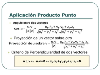 Aplicación Producto Punto
 Angulo entre dos vectores
 Proyección de un vector sobre otro
 Criterio de Perpendicularidad de dos vectores
u ^ v  u.v=0  x1.x2+y1.y2+z1.z2=0
 