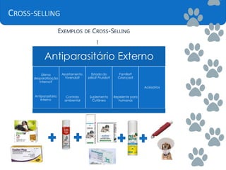 CROSS-SELLING
EXEMPLOS DE CROSS-SELLING
1
Antiparasitário Externo
Última
desparatização
interna?
Antiparasitário
Interno
Apartamento,
Vivenda?
Controlo
ambiental
Estado do
pêlo? Prurido?
Suplemento
Cutâneo
Familia?
Crianças?
Repelente para
humanos
Acessórios
 