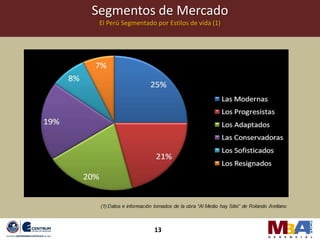 Segmentos de Mercado
 El Perú Segmentado por Estilos de vida (1)




                    13
 