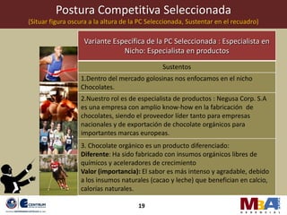 Postura Competitiva Seleccionada
(Situar figura oscura a la altura de la PC Seleccionada, Sustentar en el recuadro)

                   Variante Específica de la PC Seleccionada : Especialista en
                               Nicho: Especialista en productos
                                               Sustentos
                  1.Dentro del mercado golosinas nos enfocamos en el nicho
                  Chocolates.
                  2.Nuestro rol es de especialista de productos : Negusa Corp. S.A
                  es una empresa con amplio know-how en la fabricación de
                  chocolates, siendo el proveedor líder tanto para empresas
                  nacionales y de exportación de chocolate orgánicos para
                  importantes marcas europeas.
                  3. Chocolate orgánico es un producto diferenciado:
                  Diferente: Ha sido fabricado con insumos orgánicos libres de
                  químicos y aceleradores de crecimiento
                  Valor (importancia): El sabor es más intenso y agradable, debido
                  a los insumos naturales (cacao y leche) que benefician en calcio,
                  calorías naturales.

                                       19
 