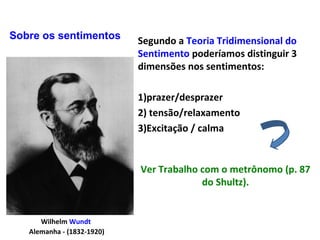 Wilhelm Wundt
Alemanha - (1832-1920)
Segundo a Teoria Tridimensional do
Sentimento poderíamos distinguir 3
dimensões nos sentimentos:
1)prazer/desprazer
2) tensão/relaxamento
3)Excitação / calma
Sobre os sentimentos
Ver Trabalho com o metrônomo (p. 87
do Shultz).
 