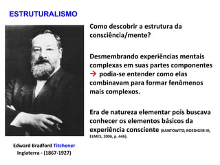 Edward Bradford Titchener
Inglaterra - (1867-1927)
Como descobrir a estrutura da
consciência/mente?
Desmembrando experiências mentais
complexas em suas partes componentes
 podia-se entender como elas
combinavam para formar fenômenos
mais complexos.
Era de natureza elementar pois buscava
conhecer os elementos básicos da
experiência consciente (KANTOWITZ; ROEDIGER III;
ELMES, 2006, p. 446).
ESTRUTURALISMO
 