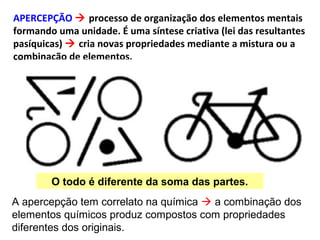 APERCEPÇÃO  processo de organização dos elementos mentais
formando uma unidade. É uma síntese criativa (lei das resultantes
pasíquicas)  cria novas propriedades mediante a mistura ou a
combinação de elementos.
O todo é diferente da soma das partes.
A apercepção tem correlato na química  a combinação dos
elementos químicos produz compostos com propriedades
diferentes dos originais.
 
