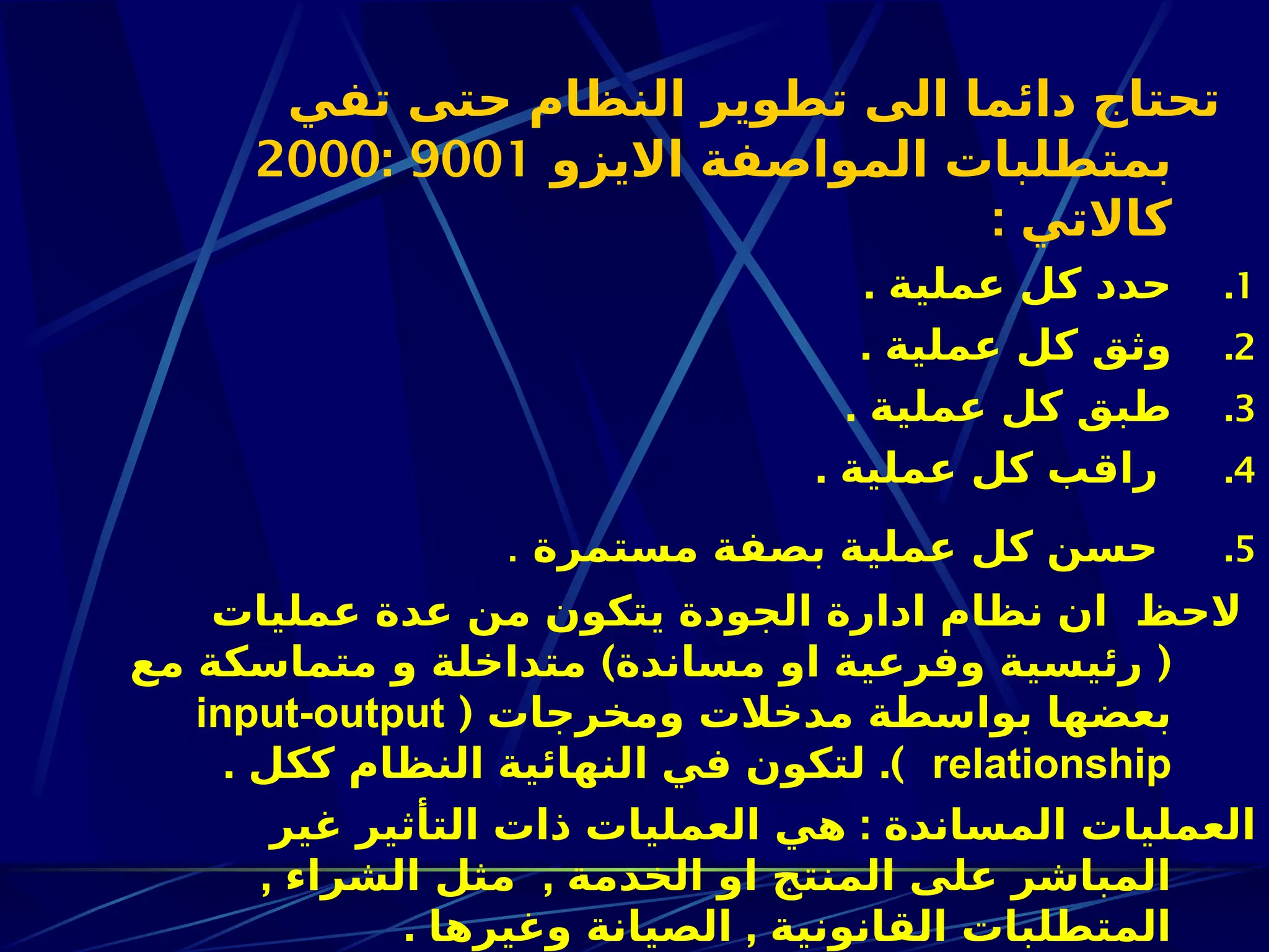 ‫تفي‬ ‫حتى‬ ‫النظام‬ ‫تطوير‬ ‫الى‬ ‫دائما‬ ‫تحتاج‬
‫االيزو‬ ‫المواصفة‬ ‫بمتطلبات‬
9001
:
2000
: ‫كاالتي‬
.1
. ‫عملية‬ ‫كل‬ ‫حدد‬
.2
. ‫عملية‬ ‫كل‬ ‫وثق‬
.3
. ‫عملية‬ ‫كل‬ ‫طبق‬
.4
. ‫عملية‬ ‫كل‬ ‫راقب‬
.5
‫مستمرة‬ ‫بصفة‬ ‫عملية‬ ‫كل‬ ‫حسن‬
.
‫عمليات‬ ‫عدة‬ ‫من‬ ‫يتكون‬ ‫الجودة‬ ‫ادارة‬ ‫نظام‬ ‫ان‬ ‫الحظ‬
) (
‫مع‬ ‫متماسكة‬ ‫و‬ ‫متداخلة‬ ‫مساندة‬ ‫او‬ ‫وفرعية‬ ‫رئيسية‬
( ‫ومخرجات‬ ‫مدخالت‬ ‫بواسطة‬ ‫بعضها‬
input-output
relationship
. .)
‫ككل‬ ‫النظام‬ ‫النهائية‬ ‫في‬ ‫لتكون‬
:
‫غير‬ ‫التأثير‬ ‫ذات‬ ‫العمليات‬ ‫هي‬ ‫المساندة‬ ‫العمليات‬
, ,
‫الشراء‬ ‫مثل‬ ‫الخدمة‬ ‫او‬ ‫المنتج‬ ‫على‬ ‫المباشر‬
. ,
‫وغيرها‬ ‫الصيانة‬ ‫القانونية‬ ‫المتطلبات‬
 