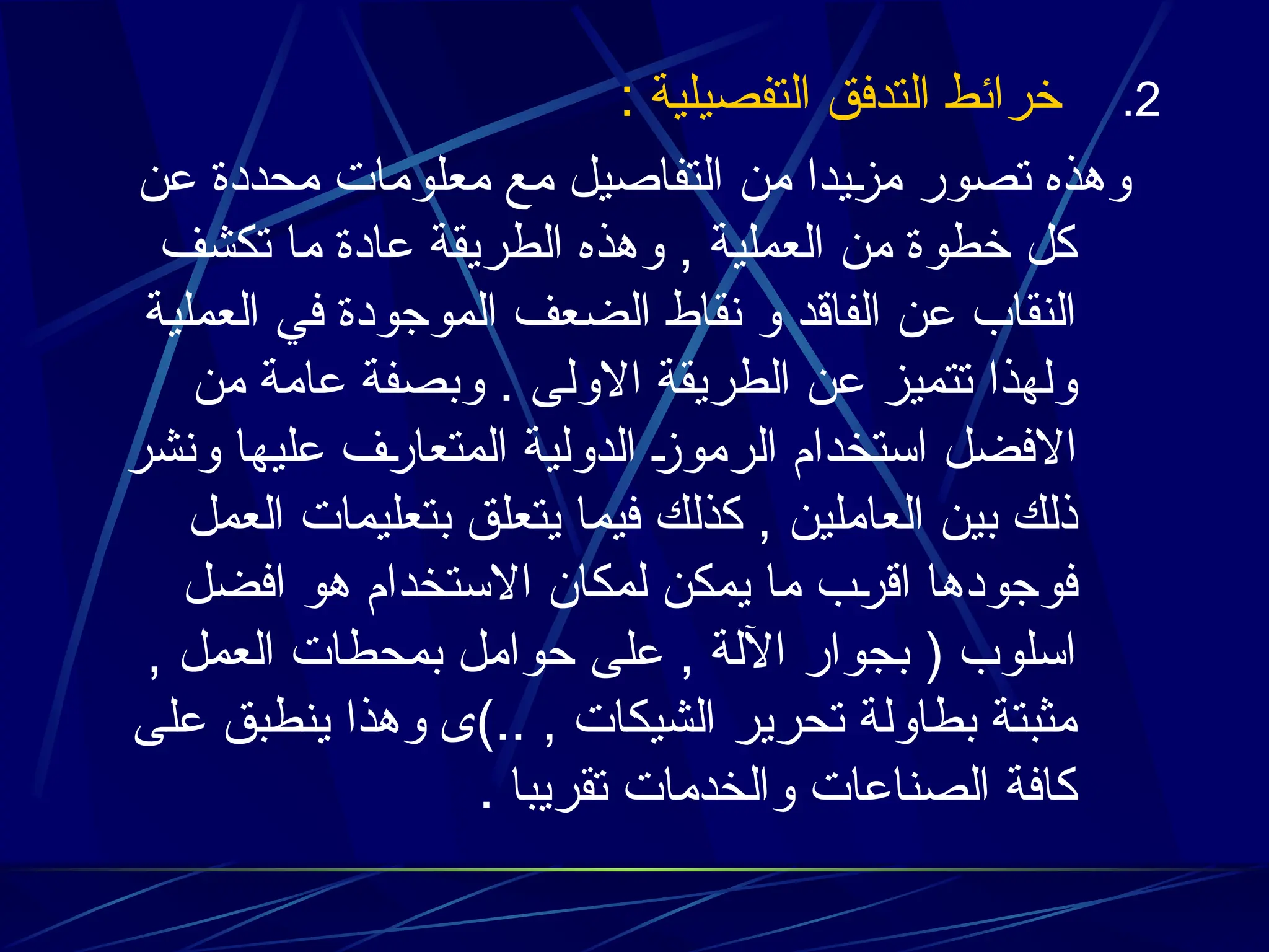 .2
: ‫التفصيلية‬ ‫التدفق‬ ‫خرائط‬
‫عن‬ ‫محددة‬ ‫معلومات‬ ‫مع‬ ‫التفاصيل‬ ‫من‬ ‫يدا‬3
‫ز‬‫م‬ ‫تصور‬ ‫وهذه‬
‫تكشف‬ ‫ما‬ ‫عادة‬ ‫الطريقة‬ ‫وهذه‬ , ‫العملية‬ ‫من‬ ‫خطوة‬ ‫كل‬
‫العملية‬ ‫في‬ ‫الموجودة‬ ‫الضعف‬ ‫نقاط‬ ‫و‬ ‫الفاقد‬ ‫عن‬ ‫النقاب‬
‫من‬ ‫عامة‬ ‫وبصفة‬ . ‫االولى‬ ‫الطريقة‬ ‫عن‬ ‫تتميز‬ ‫ولهذا‬
‫ونشر‬ ‫عليها‬ ‫ف‬3
‫ر‬‫المتعا‬ ‫الدولية‬ 3
‫ز‬‫الرمو‬ ‫استخدام‬ ‫االفضل‬
‫العمل‬ ‫بتعليمات‬ ‫يتعلق‬ ‫فيما‬ ‫كذلك‬ , ‫العاملين‬ ‫بين‬ ‫ذلك‬
‫افضل‬ ‫هو‬ ‫االستخدام‬ ‫لمكان‬ ‫يمكن‬ ‫ما‬ ‫ب‬3
‫ر‬‫اق‬ ‫فوجودها‬
, ‫العمل‬ ‫بمحطات‬ ‫حوامل‬ ‫على‬ , ‫اآللة‬ ‫بجوار‬ ( ‫اسلوب‬
‫على‬ ‫ينطبق‬ ‫وهذا‬ ‫)ى‬.. , ‫الشيكات‬ ‫تحرير‬ ‫بطاولة‬ ‫مثبتة‬
. ‫تقريبا‬ ‫والخدمات‬ ‫الصناعات‬ ‫كافة‬
 