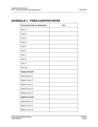 Raytheon Polar Services
RFP – Antarctic Research and Supply Vessel 5 Dec 2007
SCHEDULE 1: FIXED CHARTER RATES
Firm Fixed Charter Daily Rate US $
Year 1*
Year 2
Year 3
Year 4
Year 5
Year 6
Year 7
Year 8
Year 9
Year 10
Option Period 1
Option Year 11
Option Year 12
Option Year 13
Option Year 14
Option Year 15
Option Period 2
Option Year 16
Option Year 17
Option Year 18
Procurement & Subcontracting Page 22
PRSS 0000373 Public
 