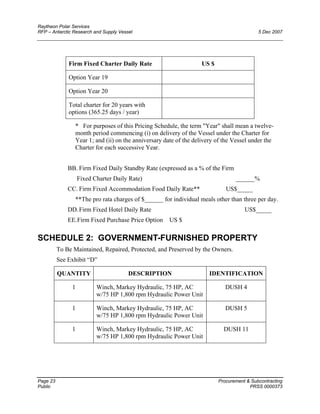 Raytheon Polar Services
RFP – Antarctic Research and Supply Vessel 5 Dec 2007
Firm Fixed Charter Daily Rate US $
Option Year 19
Option Year 20
Total charter for 20 years with
options (365.25 days / year)
* For purposes of this Pricing Schedule, the term "Year" shall mean a twelve-
month period commencing (i) on delivery of the Vessel under the Charter for
Year 1; and (ii) on the anniversary date of the delivery of the Vessel under the
Charter for each successive Year.
BB. Firm Fixed Daily Standby Rate (expressed as a % of the Firm
Fixed Charter Daily Rate) ______%
CC. Firm Fixed Accommodation Food Daily Rate** US$_____
**The pro rata charges of $______ for individual meals other than three per day.
DD.Firm Fixed Hotel Daily Rate US$_____
EE.Firm Fixed Purchase Price Option US $
SCHEDULE 2: GOVERNMENT-FURNISHED PROPERTY
To Be Maintained, Repaired, Protected, and Preserved by the Owners.
See Exhibit “D”
QUANTITY DESCRIPTION IDENTIFICATION
1 Winch, Markey Hydraulic, 75 HP, AC
w/75 HP 1,800 rpm Hydraulic Power Unit
DUSH 4
1 Winch, Markey Hydraulic, 75 HP, AC
w/75 HP 1,800 rpm Hydraulic Power Unit
DUSH 5
1 Winch, Markey Hydraulic, 75 HP, AC
w/75 HP 1,800 rpm Hydraulic Power Unit
DUSH 11
Page 23 Procurement & Subcontracting
Public PRSS 0000373
 