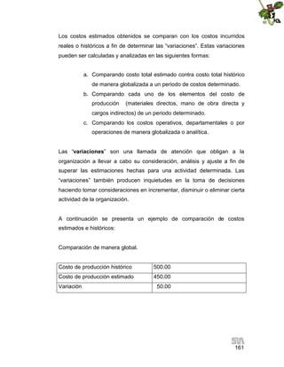 161
Los costos estimados obtenidos se comparan con los costos incurridos
reales o históricos a fin de determinar las “variaciones”. Estas variaciones
pueden ser calculadas y analizadas en las siguientes formas:
a. Comparando costo total estimado contra costo total histórico
de manera globalizada a un periodo de costos determinado.
b. Comparando cada uno de los elementos del costo de
producción (materiales directos, mano de obra directa y
cargos indirectos) de un periodo determinado.
c. Comparando los costos operativos, departamentales o por
operaciones de manera globalizada o analítica.
Las “variaciones” son una llamada de atención que obligan a la
organización a llevar a cabo su consideración, análisis y ajuste a fin de
superar las estimaciones hechas para una actividad determinada. Las
“variaciones” también producen inquietudes en la toma de decisiones
haciendo tomar consideraciones en incrementar, disminuir o eliminar cierta
actividad de la organización.
A continuación se presenta un ejemplo de comparación de costos
estimados e históricos:
Comparación de manera global.
Costo de producción histórico 500.00
Costo de producción estimado 450.00
Variación 50.00
 