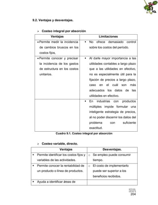 204
9.2. Ventajas y desventajas.
 Costeo integral por absorción
Ventajas Limitaciones
Permite medir la incidencia
de cambios bruscos en los
costos fijos,
 No ofrece demasiado control
sobre los costos del período.
Permite conocer y precisar
la incidencia de los gastos
de estructura en los costos
unitarios.
 Al darle mayor importancia a las
utilidades contables a largo plazo
que a las utilidades en efectivo,
no es especialmente útil para la
fijación de precios a largo plazo,
caso en el cuál son más
adecuados los datos de las
utilidades en efectivo.
 En industrias con productos
múltiples impide formular una
inteligente estrategia de precios,
al no poder discernir los datos del
problema con suficiente
exactitud.
Cuadro 9.1. Costeo integral por absorción
 Costeo variable, directo.
Ventajas Desventajas.
 Permite identificar los costos fijos y
variables de las actividades.
o Se empleo puede consumir
tiempo.
 Permite conocer la rentabilidad de
un producto o línea de productos.
o El costo de implementarlo
puede ser superior a los
beneficios recibidos.
 Ayuda a identificar áreas de
 