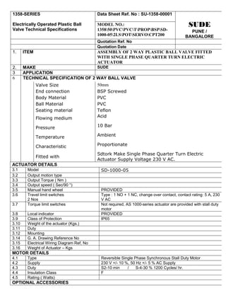 1358-SERIES                                 Data Sheet Ref. No : SU-1358-00001

Electrically Operated Plastic Ball          MODEL NO.:                                       SUDE
Valve Technical Specifications              135850PVCPVCTPROPBSPSD-                   PUNE /
                                            1000-052LSPOTSERVOCPT200                   BANGALORE
                                            Quotation Ref. No
                                            Quotation Date
1.     ITEM                                 ASSEMBLY OF 2 WAY PLASTIC BALL VALVE FITTED
                                            WITH SINGLE PHASE QUARTER TURN ELECTRIC
                                            ACTUATOR
2.     MAKE                         SUDE
3      APPLICATION
6      TECHNICAL SPECIFICATION OF 2 WAY BALL VALVE
              Valve Size                    50mm
              End connection                BSP Screwed
              Body Material                 PVC
              Ball Material                 PVC
              Seating material              Teflon
              Flowing medium                Acid

              Pressure                      10 Bar

              Temperature                   Ambient

              Characteristic                Proportionate

                                            Sdtork Make Single Phase Quarter Turn Electric
              Fitted with
                                            Actuator Supply Voltage 230 V AC.
ACTUATOR DETAILS
3.1     Model                                SD-1000-05
3.2     Output motion type
3.3     Output Torque ( Nm )
3.4     Output speed ( Sec/90 °)
3.5     Manual hand wheel                    PROVIDED
3.6     Travel limit switches                Type : 1 NO + 1 NC, change over contact, contact rating: 5 A, 230
        2 Nos                                V AC
3.7     Torque limit switches                Not required, AS 1000-series actuator are provided with stall duty
                                             motor
3.8     Local indicator                      PROVIDED
3.9     Class of Protection                  IP65
3.10    Weight of the actuator (Kgs.)
3.11    Duty
3.12    Mounting
3.14    G. A. Drawing Reference No
3.15    Electrical Wiring Diagram Ref, No
3.16    Weight of Actuator – Kgs
MOTOR DETAILS
4.1     Type                                 Reversible Single Phase Synchronous Stall Duty Motor
4.2     Supply                               230 V +/- 10 %, 50 Hz +/- 5 % AC Supply
4.3     Duty                                 S2-10 min     /    S-4-30 % 1200 Cycles/ hr.
4.4     Insulation Class                     F
4.5     Rating ( Watts)
OPTIONAL ACCESSORIES
 