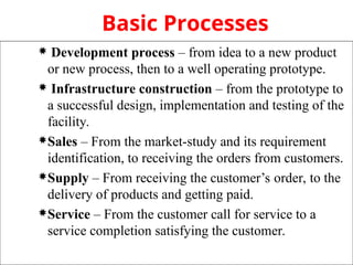 © All rights reserved to A. Shtub.
And Y. Cohen. Do not copy or use
20
Basic Processes
 Development process – from idea to a new product
or new process, then to a well operating prototype.
 Infrastructure construction – from the prototype to
a successful design, implementation and testing of the
facility.
Sales – From the market-study and its requirement
identification, to receiving the orders from customers.
Supply – From receiving the customer’s order, to the
delivery of products and getting paid.
Service – From the customer call for service to a
service completion satisfying the customer.
 