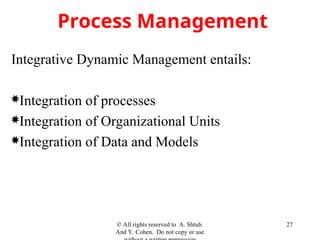 Process Management
Integrative Dynamic Management entails:
Integration of processes
Integration of Organizational Units
Integration of Data and Models
© All rights reserved to A. Shtub.
And Y. Cohen. Do not copy or use
27
 