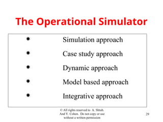 © All rights reserved to A. Shtub.
And Y. Cohen. Do not copy or use
without a written permission
29
The Operational Simulator
 Simulation approach
 Case study approach
 Dynamic approach
 Model based approach
 Integrative approach
 