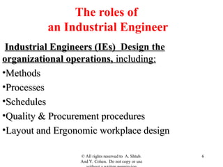 The roles of
an Industrial Engineer
Industrial Engineers (IEs)
Industrial Engineers (IEs) Design the
organizational operations,
organizational operations, including:
including:
•Methods
Methods
•Processes
Processes
•Schedules
Schedules
•Quality & Procurement procedures
Quality & Procurement procedures
•Layout and Ergonomic workplace design
Layout and Ergonomic workplace design
© All rights reserved to A. Shtub.
And Y. Cohen. Do not copy or use
6
 