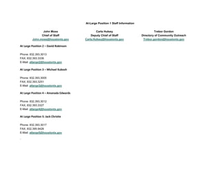 At-Large Position 1 Staff Information
John Moss
Chief of Staff
John.moss@houstontx.gov
Carla Hulsey
Deputy Chief of Staff
Carla.Hulsey@houstontx.gov
Trebor Gordon
Directory of Community Outreach
Trebor.gordon@houstontx.gov
At Large Position 2 – David Robinson
Phone: 832.393.3013
FAX; 832.393.3336
E-Mail: atlarge2@houstontx.gov
At Large Position 3 – Michael Kubosh
Phone: 832.393.3005
FAX; 832.393.3251
E-Mail: atlarge3@houstontx.gov
At Large Position 4 – Amanada Edwards
Phone: 832.393.3012
FAX; 832.393.3327
E-Mail: atlarge4@houstontx.gov
At Large Position 5: Jack Christie
Phone: 832.393.3017
FAX; 832.395.9426
E-Mail: atlarge5@houstontx.gov
`
 