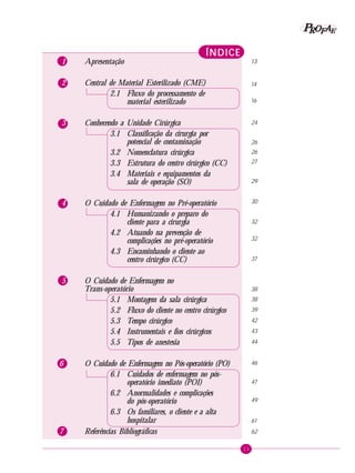 P OFAE
R
1

Apresentação

2

ÍNDICE

Central de Material Esterilizado (CME)
2.1 Fluxo do processamento de
material esterilizado

3

4

5

6

7

13

14
16

Conhecendo a Unidade Cirúrgica
3.1 Classificação da cirurgia por
potencial de contaminação
3.2 Nomenclatura cirúrgica
3.3 Estrutura do centro cirúrgico (CC)
3.4 Materiais e equipamentos da
sala de operação (SO)

24

O Cuidado de Enfermagem no Pré-operatório
4.1 Humanizando o preparo do
cliente para a cirurgia
4.2 Atuando na prevenção de
complicações no pré-operatório
4.3 Encaminhando o cliente ao
centro cirúrgico (CC)

30

26
26
27
29

32
32
37

O Cuidado de Enfermagem no
Trans-operatório
5.1 Montagem da sala cirúrgica
5.2 Fluxo do cliente no centro cirúrgico
5.3 Tempo cirúrgico
5.4 Instrumentais e fios cirúrgicos
5.5 Tipos de anestesia

38
38
39
42
43
44

O Cuidado de Enfermagem no Pós-operatório (PO)
6.1 Cuidados de enfermagem no pósoperatório imediato (POI)
6.2 Anormalidades e complicações
do pós-operatório
6.3 Os familiares, o cliente e a alta
hospitalar
Referências Bibliográficas

46
47
49
61
62
11

 