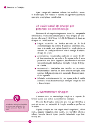 6

Assistência Cirúrgica

Após a recuperação anestésica, o cliente é encaminhado à unidade de internação, onde receberá os cuidados pós-operatórios que visam
prevenir a ocorrência de complicações.

3.1 Classificação da cirurgia por
potencial de contaminação
O número de microrganismos presentes no tecido a ser operado
determinará o potencial de contaminação da ferida cirúrgica. De acordo com a Portaria nº 2.616/98, de 12/5/98, do Ministério da Saúde, as
cirurgias são classificadas em:
!

!

!

!

limpas: realizadas em tecidos estéreis ou de fácil
descontaminação, na ausência de processo infeccioso local,
sem penetração nos tratos digestório, respiratório ou
urinário, em condições ideais de sala de cirurgia. Exemplo:
cirurgia de ovário;
potencialmente contaminadas: realizadas em tecidos de difícil descontaminação, na ausência de supuração local, com
penetração nos tratos digestório, respiratório ou urinário
sem contaminação significativa. Exemplo: redução de fratura exposta;
contaminadas: realizadas em tecidos recentemente
traumatizados e abertos, de difícil descontaminação, com
processo inflamatório mas sem supuração. Exemplo: apendicite supurada;
infectadas: realizadas em tecido com supuração local, tecido
necrótico, feridas traumáticas sujas. Exemplo: cirurgia do reto
e ânus com pus.

3.2 Nomenclatura cirúrgica
A nomenclatura ou terminologia cirúrgica é o conjunto de
termos usados para indicar o procedimento cirúrgico.
O nome da cirurgia é composto pela raiz que identifica a
parte do corpo a ser submetida à cirurgia, somada ao prefixo ou
ao sufixo.

Prefixo é o elemento colocado
antes da raiz; sufixo é o elemento colocado depois da
raiz.

Alguns exemplos de raiz: angio (vasos sangüíneos), flebo
(veia), traqueo (traquéia), rino (nariz), oto (ouvido), oftalmo
(olhos), hister(o) (útero), laparo (parede abdominal), orqui (testículo), etc.
26

 