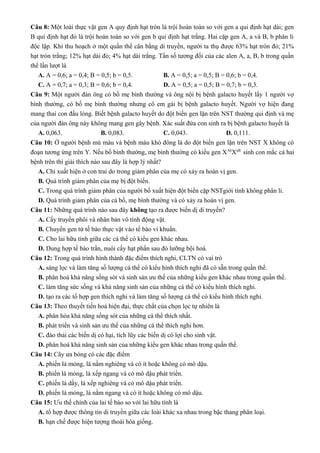 Câu 8: Một loài thực vật gen A quy định hạt tròn là trội hoàn toàn so với gen a qui định hạt dài; gen
B qui định hạt đỏ là trội hoàn toàn so với gen b qui định hạt trắng. Hai cặp gen A, a và B, b phân li
độc lập. Khi thu hoạch ở một quần thể cân bằng di truyền, người ta thụ được 63% hạt tròn đỏ; 21%
hạt tròn trắng; 12% hạt dài đỏ; 4% hạt dài trắng. Tần số tương đối của các alen A, a, B, b trong quần
thể lần lượt là
A. A = 0,6; a = 0,4; B = 0,5; b = 0,5. B. A = 0,5; a = 0,5; B = 0,6; b = 0,4.
C. A = 0,7; a = 0,3; B = 0,6; b = 0,4. D. A = 0,5; a = 0,5; B = 0,7; b = 0,3.
Câu 9: Một người đàn ông có bố mẹ bình thường và ông nội bị bệnh galacto huyết lấy 1 người vợ
bình thường, có bố mẹ bình thường nhưng cô em gái bị bệnh galacto huyết. Người vợ hiện đang
mang thai con đầu lòng. Biết bệnh galacto huyết do đột biến gen lặn trên NST thường qui định và mẹ
của người đàn ông này không mang gen gây bệnh. Xác suất đứa con sinh ra bị bệnh galacto huyết là
A. 0,063. B. 0,083. C. 0,043. D. 0,111.
Câu 10: Ở người bệnh mù màu và bệnh máu khó đông là do đột biến gen lặn trên NST X không có
đoạn tương ứng trên Y. Nếu bố bình thường, mẹ bình thường có kiểu gen XAb
XaB
sinh con mắc cả hai
bệnh trên thì giải thích nào sau đây là hợp lý nhất?
A. Chỉ xuất hiện ở con trai do trong giảm phân của mẹ có xảy ra hoán vị gen.
B. Quá trình giảm phân của mẹ bị đột biến.
C. Trong quá trình giảm phân của người bố xuất hiện đột biến cặp NSTgiới tính không phân li.
D. Quá trình giảm phân của cả bố, mẹ bình thường và có xảy ra hoán vị gen.
Câu 11: Những quá trình nào sau đây không tạo ra được biến dị di truyền?
A. Cấy truyền phôi và nhân bản vô tính động vật.
B. Chuyển gen từ tế bào thực vật vào tế bào vi khuẩn.
C. Cho lai hữu tính giữa các cá thể có kiểu gen khác nhau.
D. Dung hợp tế bào trần, nuôi cấy hạt phấn sau đó lưỡng bội hoá.
Câu 12: Trong quá trình hình thành đặc điểm thích nghi, CLTN có vai trò
A. sàng lọc và làm tăng số lượng cá thể có kiểu hình thích nghi đã có sẵn trong quần thể.
B. phân hoá khả năng sống sót và sinh sản ưu thế của những kiểu gen khác nhau trong quần thể.
C. làm tăng sức sống và khả năng sinh sản của những cá thể có kiểu hình thích nghi.
D. tạo ra các tổ hợp gen thích nghi và làm tăng số lượng cá thể có kiểu hình thích nghi.
Câu 13: Theo thuyết tiến hoá hiện đại, thực chất của chọn lọc tự nhiên là
A. phân hóa khả năng sống sót của những cá thể thích nhất.
B. phát triển và sinh sản ưu thế của những cá thể thích nghi hơn.
C. đào thải các biến dị có hại, tích lũy các biến dị có lợi cho sinh vật.
D. phân hoá khả năng sinh sản của những kiểu gen khác nhau trong quần thể.
Câu 14: Cây ưa bóng có các đặc điểm
A. phiến lá mỏng, lá nằm nghiêng và có ít hoặc không có mô dậu.
B. phiến lá mỏng, lá xếp ngang và có mô dậu phát triển.
C. phiến lá dầy, lá xếp nghiêng và có mô dậu phát triển.
D. phiến lá mỏng, lá nằm ngang và có ít hoặc không có mô dậu.
Câu 15: Ưu thế chính của lai tế bào so với lai hữu tính là
A. tổ hợp được thông tin di truyền giữa các loài khác xa nhau trong bậc thang phân loại.
B. hạn chế được hiện tượng thoái hóa giống.
 