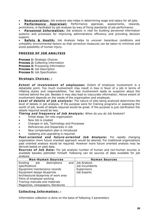 • Remuneration: Job analysis also helps in determining wage and salary for all jobs.
• Performance Appraisal: Performance appraisal, assessments, rewards,
promotions, is facilitated by job analysis by way of fixing standards of job performance.
• Personnel Information: Job analysis is vital for building personnel information
systems and processes for improving administrative efficiency and providing decision
support.
• Safety & Health: Job Analysis helps to uncover hazardous conditions and
unhealthy environmental factors so that corrective measures can be taken to minimize and
avoid possibility of human injury.
PROCESS OF JOB ANALYSIS
Process 1: Strategic Choices
Process 2: Collecting Information
Process 3: Processing Information
Process 4: Job Description
Process 5: Job Specification
Strategic Choices: -
Extent of involvement of employees: Extent of employee involvement is a
debatable point. Too much involvement may result in bias in favor of a job in terms of
inflating duties and responsibilities. Too less involvement leads to suspicion about the
motives behind the job. Besides it may also lead to inaccurate information. Hence extent of
involvement depends on the needs of the organization and employee.
Level of details of job analysis: The nature of jobs being analyzed determines the
level of details in job analysis. If the purpose were for training programs or assessing the
worth of job, levels of details required would be great. If the purpose is just clarification the
details required would be less.
Timing and frequency of Job Analysis: When do you do Job Analysis?
• Initial stage, for new organization
• New Job is created
• Changes in Job, Technology and Processes
• Deficiencies and Disparities in Job
• New compensation plan is introduced
• Updating and upgrading is required.
Past-oriented and future-oriented Job Analysis: For rapidly changing
organization more future oriented approach would be desired. For traditional organizations
past oriented analysis would be required. However more future oriented analysis may be
derived based on past data.
Sources of Job Data: For job analysis number of human and non-human sources is
available besides jobholder himself. Following can be sources of data available for job
analysis.
Non-Human Sources Human Sources
Existing job descriptions and
specifications
Equipment maintenance records
Equipment design blueprints
Architectural blueprints of work area
Films of employee working
Training manuals and materials
Magazines, newspapers, literatures
Job Analysis
Job Incumbents
Supervisors
Job Experts
Collecting Information: -
Information collection is done on the basis of following 3 parameters
20
 