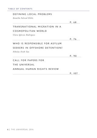 6 | T H E U N I V E R S A L 2 0 1 6
D E F I N I N G L O C A L P R O B L E M S
Kamilla Falsted Dihle
								 P . 6 8
T R A N S N A T I O N A L M I G R A T I O N I N A
C O S M O P O L I T A N W O R L D
Clara Iglesias Rodríguez
								 P . 7 6
W H O I S R E S P O N S I B L E F O R A S Y L U M
S E E K E R S I N O F F S H O R E D E T E N T I O N ?
Nikolas Feith Tan
								 P . 9 0
C A L L F O R P A P E R S F O R
T H E U N I V E R S A L
A N N U A L H U M A N R I G H T S R E V I E W
								 P . 1 0 7
T A B L E O F C O N T E N T S
 