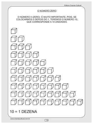 Editora Ciranda Cultural


                             O NÚMERO ZERO

        O NÚMERO 0 (ZERO) É MUITO IMPORTANTE, POIS, SE
       COLOCARMOS 0 DEPOIS DO 1, TEREMOS O NÚMERO 10,
              QUE CORRESPONDE A 10 UNIDADES.




10 = 1 DEZENA
www.cirandacultural.com.br
                                  156
 