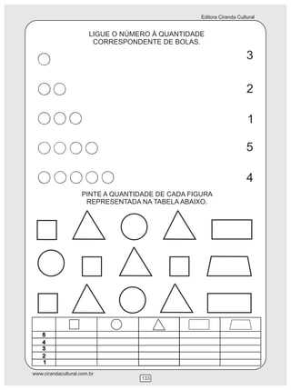 Editora Ciranda Cultural


                        LIGUE O NÚMERO À QUANTIDADE
                         CORRESPONDENTE DE BOLAS.

                                                                       3

                                                                       2

                                                                       1

                                                                       5

                                                                       4
                     PINTE A QUANTIDADE DE CADA FIGURA
                      REPRESENTADA NA TABELA ABAIXO.




    5
    4
    3
    2
    1

www.cirandacultural.com.br
                                    133
 