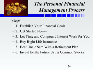 The Personal Financial
                   Management Process
Steps:
–   1.   Establish Your Financial Goals
–   2.   Get Started Now--
–   3.   Let Time and Compound Interest Work for You
–   4.   Buy Right Life Insurance
–   5.   Beat Uncle Sam With a Retirement Plan
–   6.   Invest for the Future Using Common Stocks


                                      24
 