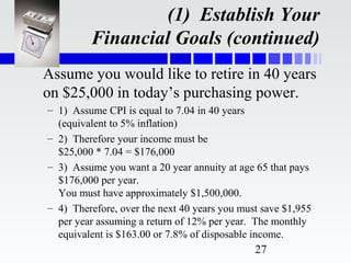 (1) Establish Your
         Financial Goals (continued)
Assume you would like to retire in 40 years
on $25,000 in today’s purchasing power.
– 1) Assume CPI is equal to 7.04 in 40 years
  (equivalent to 5% inflation)
– 2) Therefore your income must be
  $25,000 * 7.04 = $176,000
– 3) Assume you want a 20 year annuity at age 65 that pays
  $176,000 per year.
  You must have approximately $1,500,000.
– 4) Therefore, over the next 40 years you must save $1,955
  per year assuming a return of 12% per year. The monthly
  equivalent is $163.00 or 7.8% of disposable income.
                                              27
 