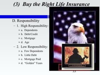 (3) Buy the Right Life Insurance

D. Responsibility
– 1. High Responsibility:
   »   a.   Dependents
   »   b.   Debt/Credit
   »   c.   Mortgage
   »   d.   Age
– 2. Low Responsibility:
   »   a.   Few Dependents
   »   b.   Little Debt
   »   c.   Mortgage Paid
   »   d.   “Golden” Years

                             33
 