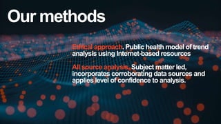 Our methods
Ethical approach. Public health model of trend
analysis using Internet-based resources
All source analysis. Subject matter led,
incorporates corroborating data sources and
applies level of confidence to analysis.
 