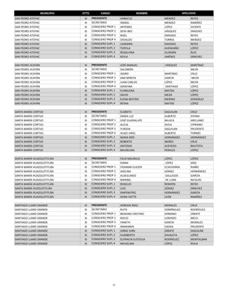 MUNICIPIO   DTTO         CARGO                     NOMBRE                 APELLIDOS
SAN PEDRO ATOYAC                 XI    PRESIDENTE         HABACUC               MENDEZ             REYES
SAN PEDRO ATOYAC                 XI    SECRETARIO         ISMAEL                MENDEZ             RAMÍREZ
SAN PEDRO ATOYAC                 XI    CONSEJERO PROP 1   ARTEMIO               LÓPEZ              VICENTE
SAN PEDRO ATOYAC                 XI    CONSEJERO PROP 2   DEISI IBEC            VÁSQUEZ            EMIGDIO
SAN PEDRO ATOYAC                 XI    CONSEJERO PROP 3   NOEL                  EMIGDIO            REYES
SAN PEDRO ATOYAC                 XI    CONSEJERO PROP 4   OSVALDO               TORRES             MENDEZ
SAN PEDRO ATOYAC                 XI    CONSEJERO SUPL 1   LISANDRA              EMIGDIO            REYES
SAN PEDRO ATOYAC                 XI    CONSEJERO SUPL 2   TEÓFILA               AVENDAÑO           LÓPEZ
SAN PEDRO ATOYAC                 XI    CONSEJERO SUPL 3   ROSALVINA             GUZMÁN             RUIZ
SAN PEDRO ATOYAC                 XI    CONSEJERO SUPL 4   KEYLA                 JIMÉNEZ            SÁNCHEZ

SAN PEDRO JICAYÁN                XI    PRESIDENTE         JOSÉ MANUEL            VÁSQUEZ           MARTÍNEZ
SAN PEDRO JICAYÁN                XI    SECRETARIO         SALOMÓN                                  MEJÍA
SAN PEDRO JICAYÁN                XI    CONSEJERO PROP 1   ISIDRO                MARTÍNEZ           CRUZ
SAN PEDRO JICAYÁN                XI    CONSEJERO PROP 2   ANA MIREYA            GARCÍA              MEJÍA
SAN PEDRO JICAYÁN                XI    CONSEJERO PROP 3   JUAN CARLOS           LÓPEZ              MEJÍA
SAN PEDRO JICAYÁN                XI    CONSEJERO PROP 4   SERAFINA               SANTIAGO          LÓPEZ
SAN PEDRO JICAYÁN                XI    CONSEJERO SUPL 1   FLORELENA             MATÍAS             LÓPEZ
SAN PEDRO JICAYÁN                XI    CONSEJERO SUPL 2   DAVID                 MEJÍA              LÓPEZ
SAN PEDRO JICAYÁN                XI    CONSEJERO SUPL 3   ELENA BEATRIZ         MERINO             GONZÁLEZ
SAN PEDRO JICAYÁN                XI    CONSEJERO SUPL 4   REYNA                 MATÍAS             LÓPEZ

SANTA MARÍA CORTIJO              XI    PRESIDENTE         ELIZBETH              SAGUILAN           CRUZ
SANTA MARÍA CORTIJO              XI    SECRETARIO         DANIA LUZ             ALBERTO            AYONA
SANTA MARÍA CORTIJO              XI    CONSEJERO PROP 1   JOSÉ GUADALUPE        MUJICA             ARELLANO
SANTA MARÍA CORTIJO              XI    CONSEJERO PROP 2   ALICIA                AVILA              CIPRIANO
SANTA MARÍA CORTIJO              XI    CONSEJERO PROP 3   YURIDIA               SAGUILAN           PRUDENTE
SANTA MARÍA CORTIJO              XI    CONSEJERO PROP 4   HUGO URIEL            ALBERTO            TORNÉS
SANTA MARÍA CORTIJO              XI    CONSEJERO SUPL 1   NADIA INÉS            HERNÁNDEZ          HERNÁNDEZ
SANTA MARÍA CORTIJO              XI    CONSEJERO SUPL 2   ROBERTO               IBAÑEZ             CRUZ
SANTA MARÍA CORTIJO              XI    CONSEJERO SUPL 3   ANTONIO               ACEVEDO            BAUTISTA
SANTA MARÍA CORTIJO              XI    CONSEJERO SUPL 4   BAUDELINA             PERALES            LÓPEZ

SANTA MARÍA HUAZOLOTITLÁN        XI    PRESIDENTE         FELIX MAURILIO        LÓPEZ              LÓPEZ
SANTA MARÍA HUAZOLOTITLÁN        XI    SECRETARIO         DIANA                  LÓPEZ             DÍAZ
SANTA MARÍA HUAZOLOTITLÁN        XI    CONSEJERO PROP 1   YOSIMAR ELIEZER       ECHEVERRÍA         RIAÑO
SANTA MARÍA HUAZOLOTITLÁN        XI    CONSEJERO PROP 2   ADELINA               GÓMEZ              HERNÁNDEZ
SANTA MARÍA HUAZOLOTITLÁN        XI    CONSEJERO PROP 3   ALDEGUNDO              GALLEGOS          GARCÍA
SANTA MARÍA HUAZOLOTITLÁN        XI    CONSEJERO PROP 4   MARIBEL                DE LUNA           NICOLÁS
SANTA MARÍA HUAZOLOTITLÁN        XI    CONSEJERO SUPL 1   ROGELIO               RENDÓN             REYES
SANTA MARÍA HUZOLOTITLÁN         XI    CONSEJERO SUPL 2   LUIS                  GÓMEZ              SÁNCHEZ
SANTA MARÍA HUAZOLOTITLÁN        XI    CONSEJERO SUPL 3   EMPERATRIZ            HERNÁNDEZ          GARCÍA
SANTA MARÍA HUAZOLOTITLÁN        XI    CONSEJERO SUPL 4   DORA IVETTE           LEÓN               RAMÍREZ

SANTIAGO LLANO GRANDE            XI    PRESIDENTE         HEREIDA IRAIZ         MORALES            CRUZ
SANTIAGO LLANO GRANDE            XI    SECRETARIO         RUTH                  DOMÍNGUEZ          RODRÍGUEZ
SANTIAGO LLANO GRANDE            XI    CONSEJERO PROP 1   BENIGNO CRISTINO      SERRANO            ZÁRATE
SANTIAGO LLANO GRANDE            XI    CONSEJERO PROP 2   ROCIO                 LORENZO            MELO
SANTIAGO LLANO GRANDE            XI    CONSEJERO PROP 3   YANETH                GARCÍA             MORALES
SANTIAGO LLANO GRANDE            XI    CONSEJERO PROP 4   ANAKAREN              GAZGA              PRUDENTE
SANTIAGO LLANO GRANDE            XI    CONSEJERO SUPL 1   JORGE IVÁN            ZÁRATE             SAGUILÁN
SANTIAGO LLANO GRANDE            XI    CONSEJERO SUPL 2   HUMBERTO              ZAVALETA           LÓPEZ
SANTIAGO LLANO GRANDE            XI    CONSEJERO SUPL 3   EUFRACIA EUSTOLIA     RODRÍGUEZ          MONTALBAN
SANTIAGO LLANO GRANDE            XI    CONSEJERO SUPL 4   MICAELINA             LÓPEZ              ÁVILA




                                                     10
 