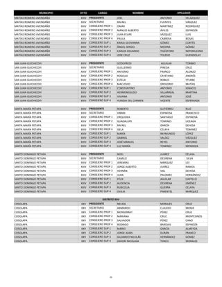 MUNICIPIO   DTTO         CARGO                   NOMBRE                 APELLIDOS
MATÍAS ROMERO AVENDAÑO       XXIV   PRESIDENTE         JOEL                 ANTONIO           VELÁZQUEZ
MATÍAS ROMERO AVENDAÑO       XXIV   SECRETARIO         RAFAEL               FUENTES           VÁSQUEZ
MATÍAS ROMERO AVENDAÑO       XXIV   CONSEJERO PROP 1   OMAR                 MARTÍNEZ          RODRÍGUEZ
MATÍAS ROMERO AVENDAÑO       XXIV   CONSEJERO PROP 2   MANLIO ALBERTO       ÁVILES            ESPINOZA
MATÍAS ROMERO AVENDAÑO       XXIV   CONSEJERO PROP 3   JUAN FELIPE          VÁZQUEZ           LUIS
MATÍAS ROMERO AVENDAÑO       XXIV   CONSEJERO PROP 4   PAULA                CABRERA           BOSAS
MATÍAS ROMERO AVENDAÑO       XXIV   CONSEJERO SUP 1    KARLA GEOVANNA       GÓMEZ             CORTÉS
MATÍAS ROMERO AVENDAÑO       XXIV   CONSEJERO SUP 2    ÁNGEL SERGIO         MEDINA            GÓMEZ
MATÍAS ROMERO AVENDAÑO       XXIV   CONSEJERO SUP 3    CARLOS EDUARDO       TELÉSFORO         NEPONUCENO
MATÍAS ROMERO AVENDAÑO       XXIV   CONSEJERO SUP 4    JOSE CRUZ            TOLEDO            GUENDOLAY

SAN JUAN GUICHICOVI          XXIV   PRESIDENTE         GODOFREDI             AGUILAR          TORIBIO
SAN JUAN GUICHICOVI          XXIV   SECRETARIO         GUILLERMO            PINEDA            CRUZ
SAN JUAN GUICHICOVI          XXIV   CONSEJERO PROP 1   ANTONIO              FRANCO            ALONZO
SAN JUAN GUICHICOVI          XXIV   CONSEJERO PROP 2   ROGELIO              CAYETANO          ANDRÉS
SAN JUAN GUICHICOVI          XXIV   CONSEJERO PROP 3   ESTELA               ROBLES            YTURBE
SAN JUAN GUICHICOVI          XXIV   CONSEJERO PROP 4   MACLOVIO             GREGORIO          MATÍAS 
SAN JUAN GUICHICOVI          XXIV   CONSEJERO SUP 1    CONSTANTINO          ANTONIO           IGNACIO
SAN JUAN GUICHICOVI          XXIV   CONSEJERO SUP 2    HERMENEGILDO         VILLARREAL        MARTINA
SAN JUAN GUICHICOVI          XXIV   CONSEJERO SUP 3    VIVIANA              ANTONIO           JOSÉ
SAN JUAN GUICHICOVI          XXIV   CONSEJERO SUP 4    YURIDIA DEL CARMEN   VICENTE           ESPERANZA

SANTA MARÍA PETAPA           XXIV   PRESIDENTE         ROBERTO              GUTIÉRREZ         RUIZ
SANTA MARÍA PETAPA           XXIV   SECRETARIO         VIBANI               ESPINOSA          FRANCISCO
SANTA MARÍA PETAPA           XXIV   CONSEJERO PROP 1   ORQUIDEA             SANTIAGO          ESPINOSA
SANTA MARÍA PETAPA           XXIV   CONSEJERO PROP 2   GUADALUPE            TOMINES           LICEAGA
SANTA MARÍA PETAPA           XXIV   CONSEJERO PROP 3   RAFAEL               GARCÍA            DEHESA
SANTA MARÍA PETAPA           XXIV   CONSEJERO PROP 4   ISELA                CELAYA            TOMINEZ
SANTA MARÍA PETAPA           XXIV   CONSEJERO SUP 1    MARÍA                RAYMUNDO          LÓPEZ
SANTA MARÍA PETAPA           XXIV   CONSEJERO SUP 2    GABRIEL              VALDEZ            VÁZQUEZ
SANTA MARÍA PETAPA           XXIV   CONSEJERO SUP 3    JOSÉ MANUEL          REYES             ANTONIO
SANTA MARÍA PETAPA           XXIV   CONSEJERO SUP 4    LUZ MARÍA            TOMINEZ           MENDOZA

SANTO DOMINGO PETAPA         XXIV   PRESIDENTE         NOEL                 JUÁREZ            CELAYA
SANTO DOMINGO PETAPA         XXIV   SECRETARIO         CAMILO               DESIRENA           SILVA
SANTO DOMINGO PETAPA         XXIV   CONSEJERO PROP 1   JEREMÍAS             MÁRQUEZ           LEE
SANTO DOMINGO PETAPA         XXIV   CONSEJERO PROP 2   JORGE ALBERTO        JUÁREZ            RAMOS 
SANTO DOMINGO PETAPA         XXIV   CONSEJERO PROP 3   HERNÁN               VIEL              DEHESA
SANTO DOMINGO PETAPA         XXIV   CONSEJERO PROP 4   JUAN                 PALOMEC           HERNÁNDEZ
SANTO DOMINGO PETAPA         XXIV   CONSEJERO SUP 1    FÉLIX                AGUILAR           CASTILLO
SANTO DOMINGO PETAPA         XXIV   CONSEJERO SUP 2    AUDENCIA             DESIRENA          JIMÉNEZ
SANTO DOMINGO PETAPA         XXIV   CONSEJERO SUP 3    RUBICELIA            GUERRA            CELAYA
SANTO DOMINGO PETAPA         XXIV   CONSEJERO SUP 4    OVILIA               PIMENTEL          MÁRQUEZ

                                             DISTRITO XXV
COSOLAPA                     XXV    PRESIDENTE          NELIDA              MORALES           CRUZ
COSOLAPA                     XXV    SECRETARIO          ARMANDO             CLAUDIO           MONJE
COSOLAPA                     XXV    CONSEJERO PROP 1    MONSERRAT           PÉREZ             CRUZ
COSOLAPA                     XXV    CONSEJERO PROP 2    MARIANA             CRUZ              MONTESINOS
COSOLAPA                     XXV    CONSEJERO PROP 3    SALVADOR            PÉREZ             CANO
COSOLAPA                     XXV    CONSEJERO PROP 4    RODRIGO             BAROJAS           ESPINOZA
COSOLAPA                     XXV    CONSEJERO SUP 1     MARIO               GARCÍA            ALMEYDA
COSOLAPA                     XXV    CONSEJERO SUP 2     JORGE ADÁN          DURÁN             FRANCO
COSOLAPA                     XXV    CONSEJERO SUP 3     GILDARDO NICOLÁS    HERNÁNDEZ         GÓMEZ
COSOLAPA                     XXV    CONSEJERO SUP 4     ZAHORI NICOLASA     TENCO             MORALES




                                                  26
 