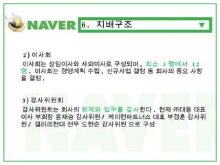 2) 이사회 이사회는 상임이사와 사외이사로 구성되며 ,  최소  3 명에서  12 명 .  이사회는 경영계획 수립 ,  신규사업 결정 등 회사의 중요 사항을 결정 . 6.  지배구조 3) 감사위원회 감사위원회는 회사의  회계와 업무를 감사 한다 .  현재 ㈜대웅 대표이사 부회장 윤재승 감사위원 /  케이런파트너스 대표 부경훈 감사위원 /  갤러리현대 전무 도현순 감사위원 으로 구성 