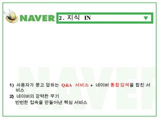 1)  사용자가 묻고 답하는  Q&A  서비스 +  네이버  통합검색 을 합친 서비스 2)  네이버의 강력한 무기 빈번한 접속을 만들어낸 핵심 서비스 2. 지식  IN 