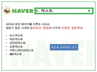 네이버 메인 페이지를 이루는 서비스  정보가 많은 시대에  골라보는 편집 의 시각과  다양한 정보확보 뉴스캐스트 테마캐스트 네이버캐스트 오픈캐스트 커뮤니케이션캐스트 AD 캐스트 5. 캐스트 캐스트 공부하러 가기 